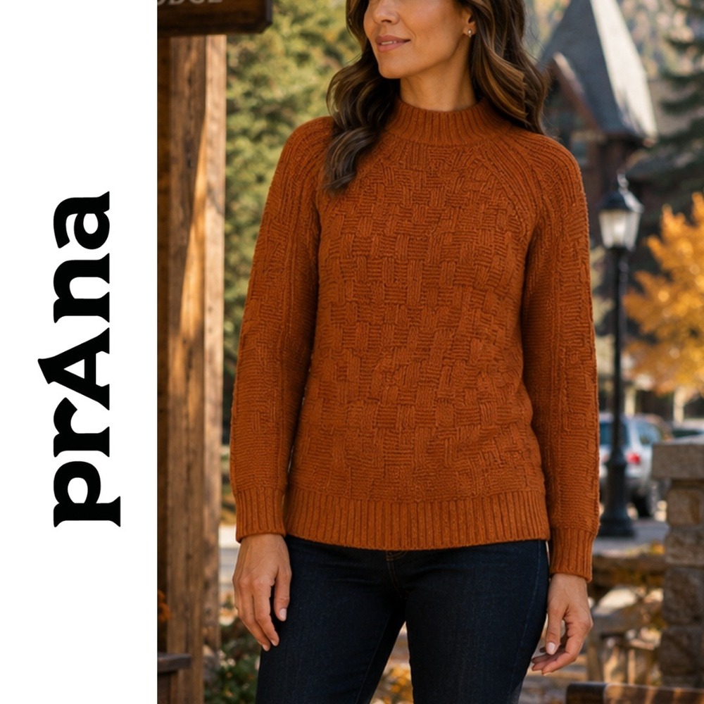 Prana, Rust Orange Basketweave Knit Mock Neck Sweater 1967121 Size Small